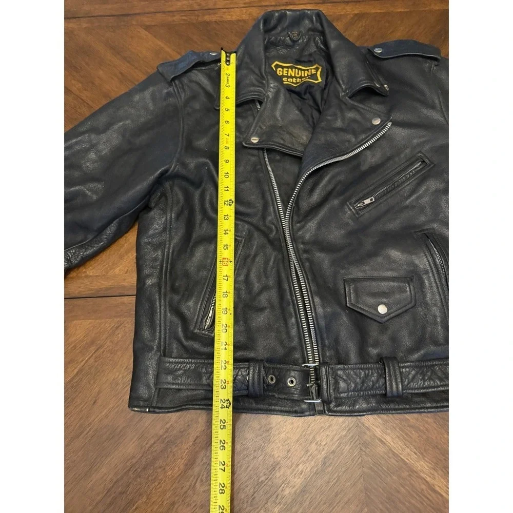 Mens Genuine Leather Biker Jacket Black Moto Belted Asymmetrical‎ Zip Size 50